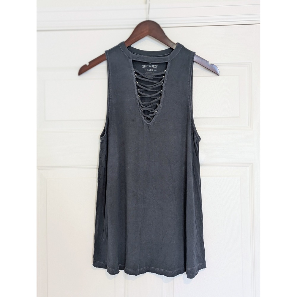 American Eagle Soft & Sexy Lace Up Tank Top Gray Sleeveless Choker Neck Medium